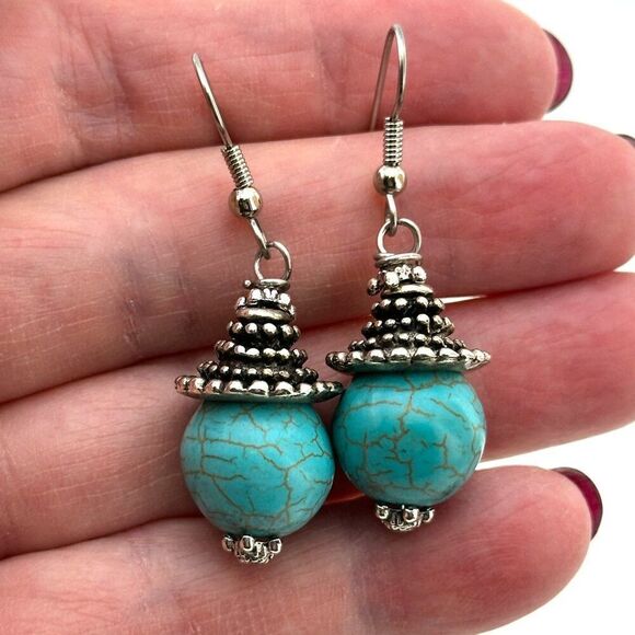 Turquoise Wagnerite Antique Silver Tone Earrings Surgical Steel Hooks - Picture 4 of 7